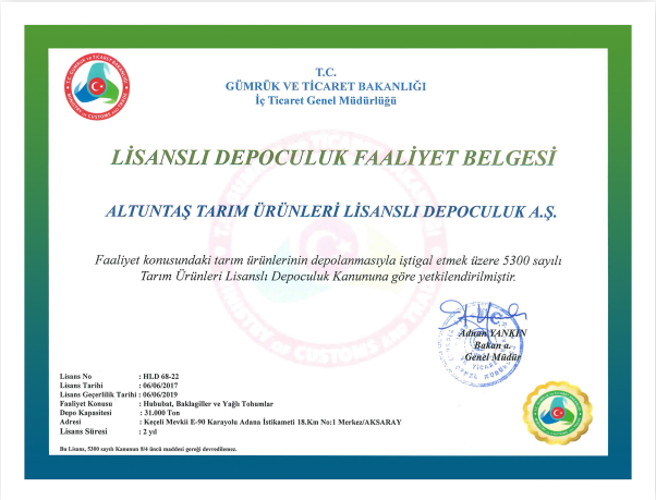 Altuntaş Lisanslı Depoculuk Faaliyet Belgesi